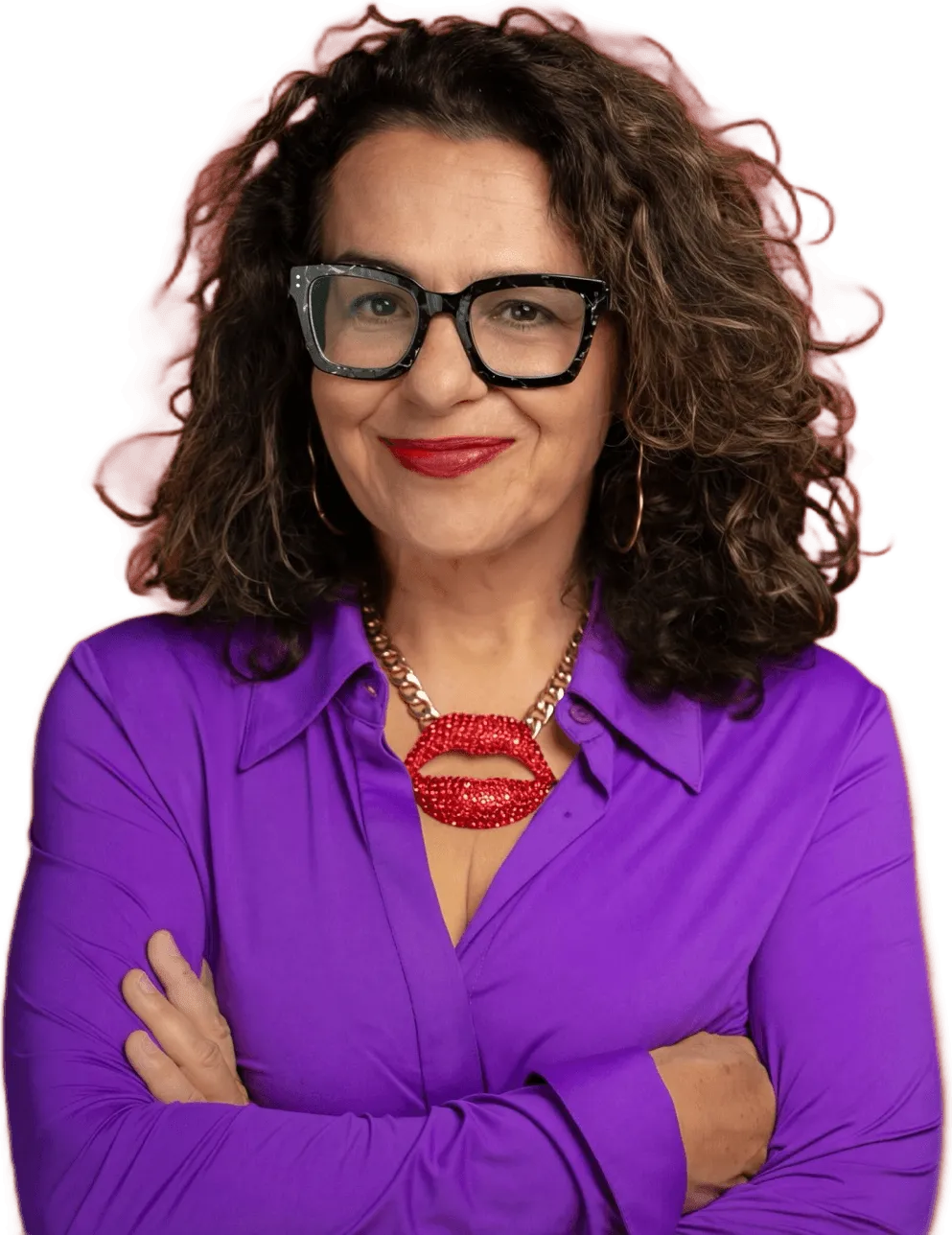 Cindy Friedman, founder of Sparklecreative, in a purple shirt with red lips