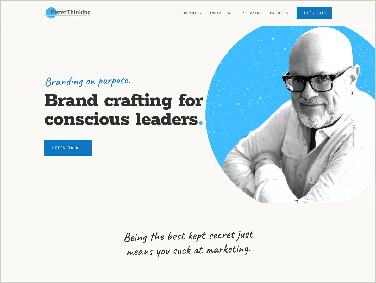 fosterthinking.com: Justin Foster's portrait inside the blue Foster Thinking dot, next to "Brand crafting for conscious leaders"