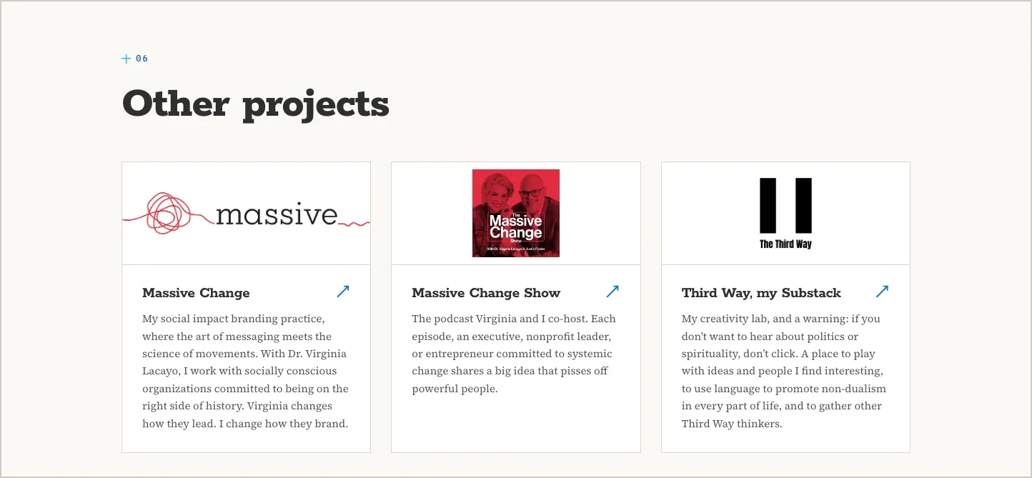 The Other projects section: Massive Change, the Massive Change Show, and Third Way, each wearing its own artwork